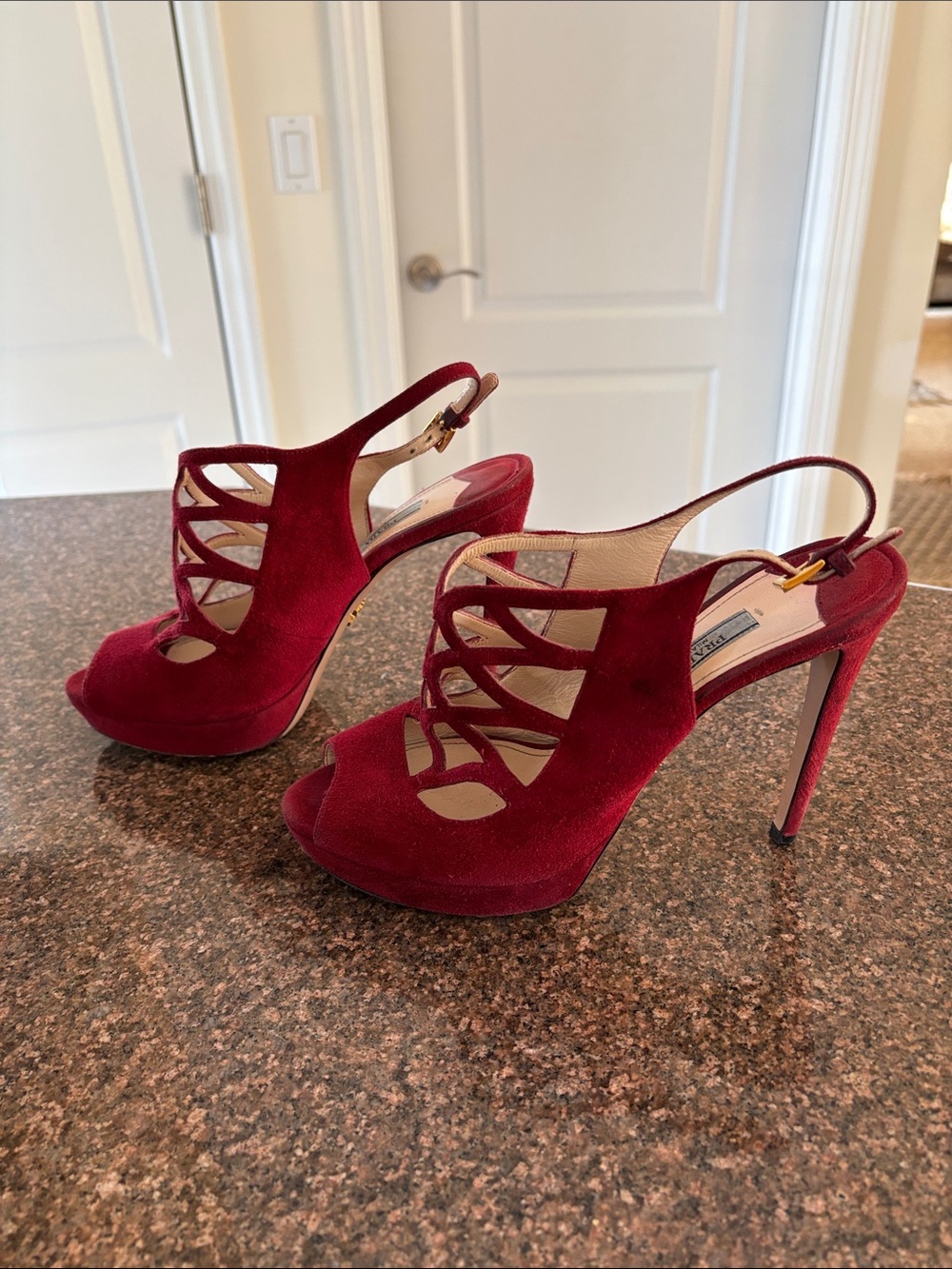 Prada Red/Burgundy Suede Cutout Slingback Stiletto Heels-8